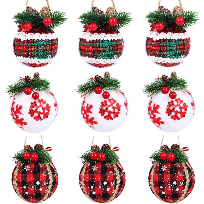 Catzon 9 Pcs Christmas Ball Ornaments 8CM with Pine Cones and Greenery for Xmas Party-Set 10
