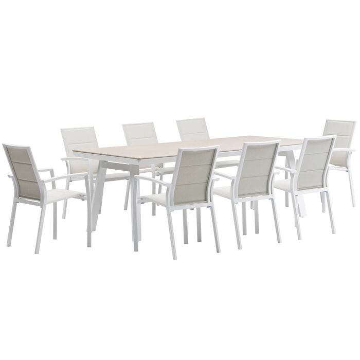 FurnitureOkay Marina-Capri 9-Piece Sintered Stone Outdoor Dining Setting - White