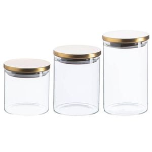 Argon Tableware Glass Storage Jar Set - Gold Lids - Modern Round Scandi Organisation Container Glass Jar - 3 Sizes