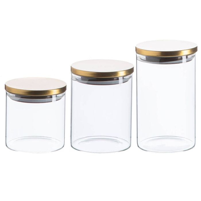 Argon Tableware Glass Storage Jar Set - Gold Lids - Modern Round Scandi Organisation Container Glass Jar - 3 Sizes
