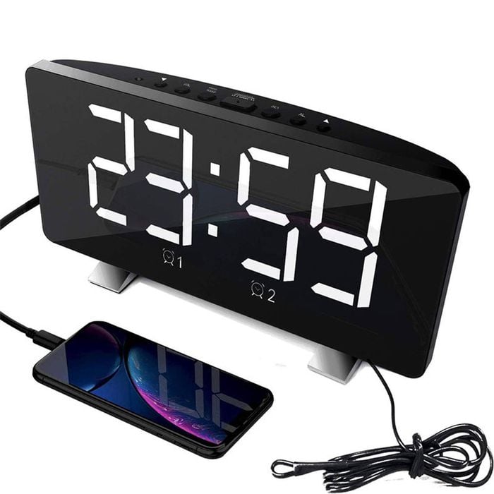 Catzon Digital Alarm Clock Curved-screen With Dimmer 2 Alarm Setting-white