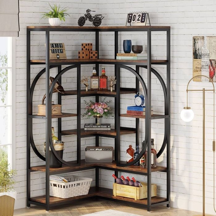 Oakory 176cm L-shaped Corner Bookshelf With 7 Tiers In Rustic Brown & Black