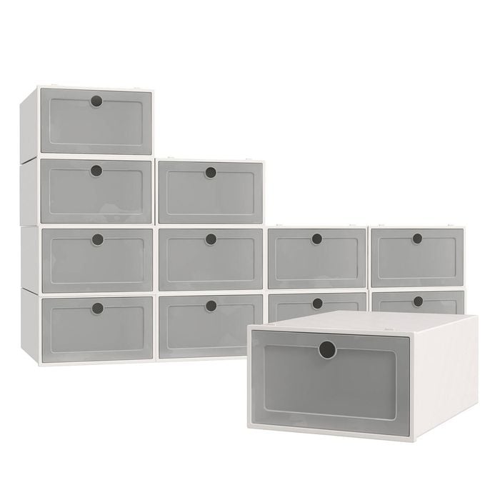 12-piece Shoe Organiser Set - Transparent Stackable Storage - White White