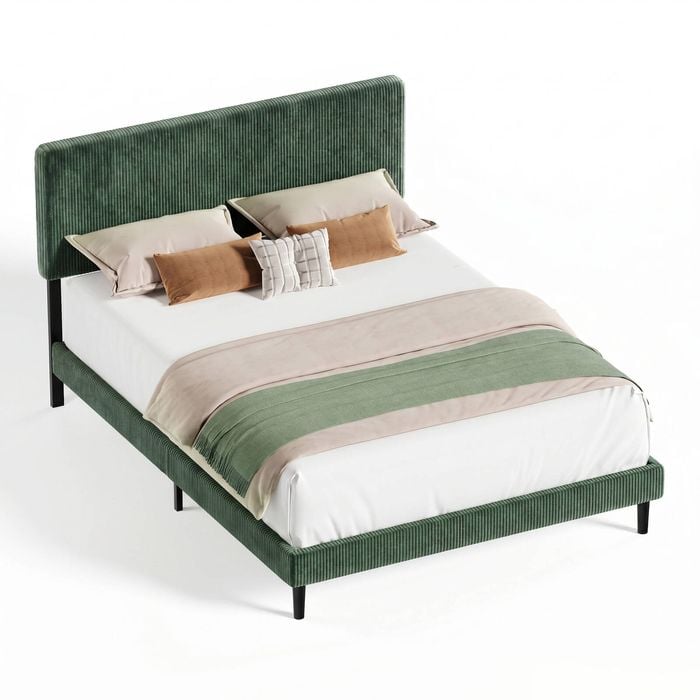 Advwin Double Corduroy Upholstered Bed With Adjustable Headboard Green
