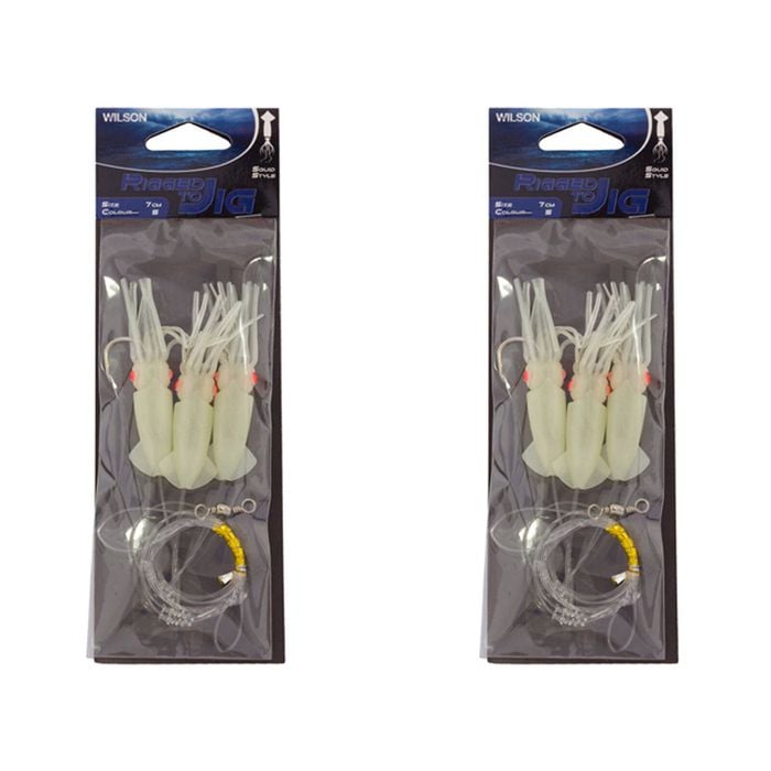 2x Wilson Rigged to Jig Rig 3 Hook Squid Style Jig Fully UV Active - Colour #5
