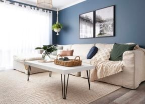 Living room with large couch, coffee table and indoor plants.
