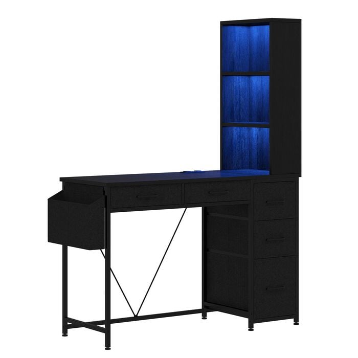 Advwin Computer Desk with Reversible Bookshelf LED Gaming Desk Home Office Desk, Black