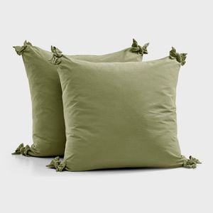 Dreamaker Bonnie Washed Cotton European Pillowcase With Bows Twin Pack Olive 65x65cm