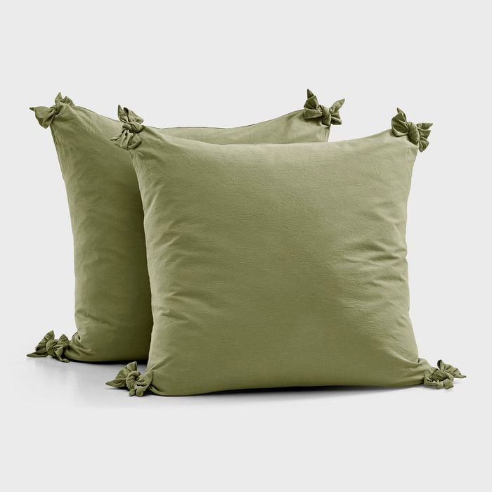 Dreamaker Bonnie Washed Cotton European Pillowcase With Bows Twin Pack Olive 65x65cm