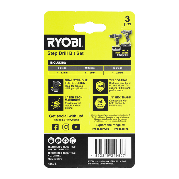 Ryobi 3 Piece Step Drill Bit Set - Bunnings Australia