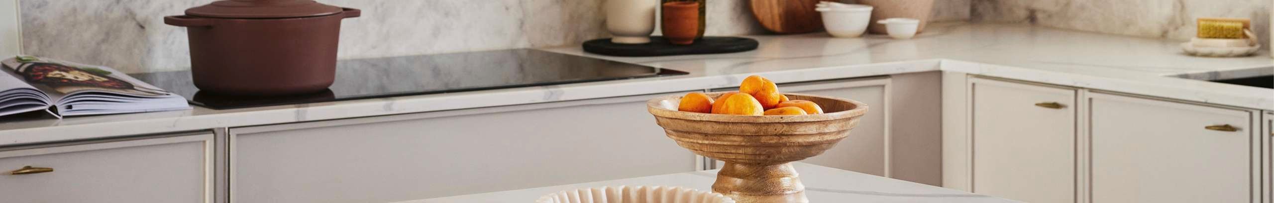 Close up of kitchen benchtop in marble look 