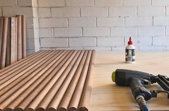 Sixteen lengths of dowel with a nail gun