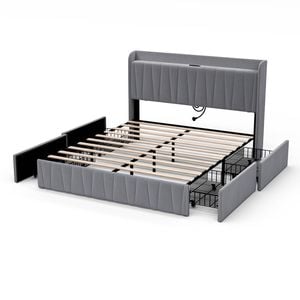 Ufurniture Double Size Bed Frame Tufted Headboard & Charging Station and USB Ports 4 Storage Drawers Grey