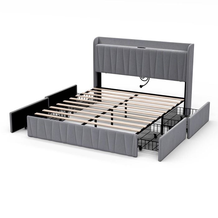 Ufurniture Double Size Bed Frame Tufted Headboard & Charging Station and USB Ports 4 Storage Drawers Grey