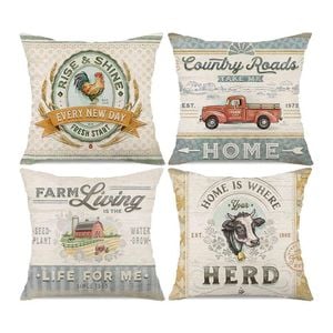 Catzon 4 Pcs Vintage Throw Pillow Covers Linen Farmhouse Home Decor-Set I