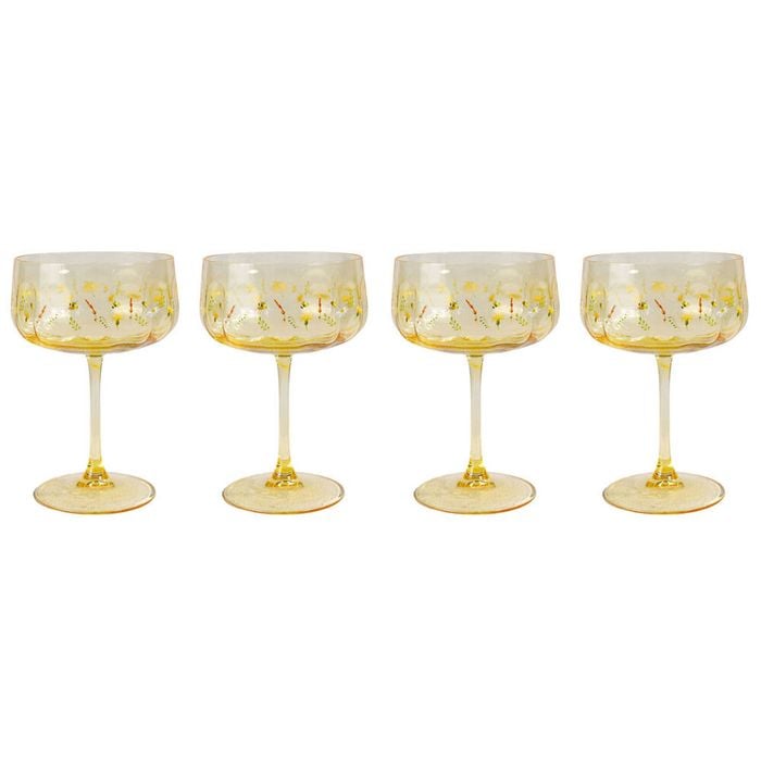 2x 2pc Urban Bee Meadow Floral Coupe Champagne Drinking Glasses Set 16cm Yellow