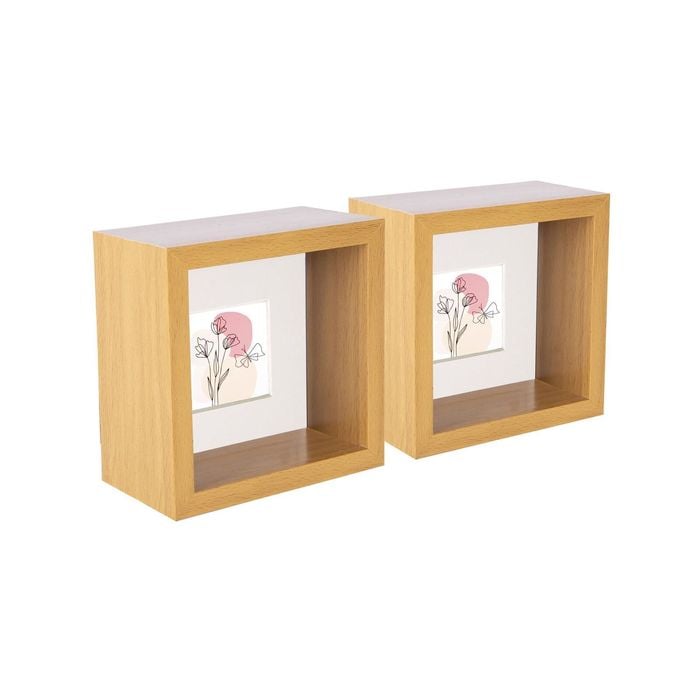Nicola Spring 3D Deep Box Photo Frames - 4 x 4" with 2 x 2" Mount - Light Wood - Pack of 2