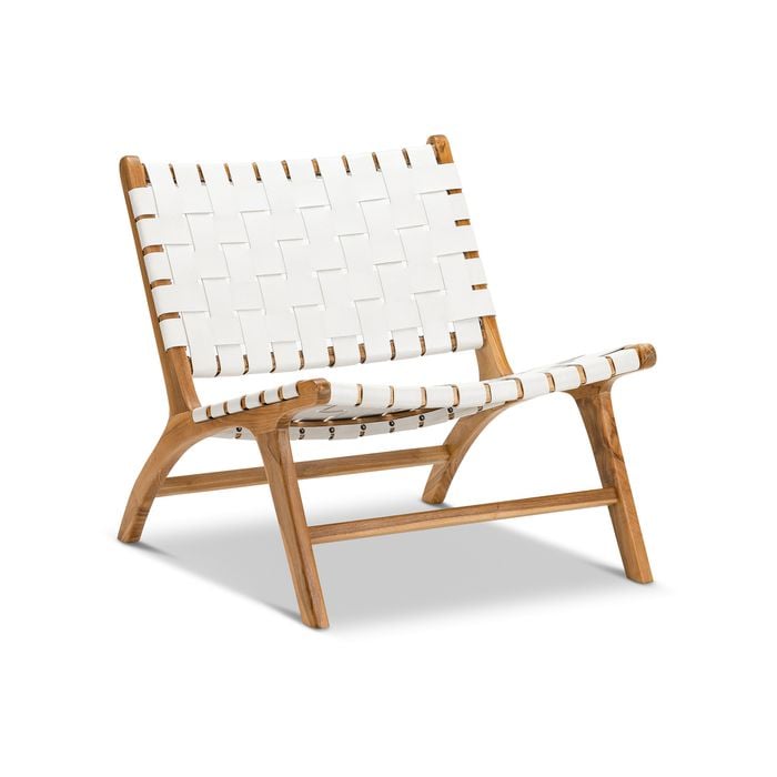 Casey White Woven Leather Solid Natural Teak Wood Lounge Chair