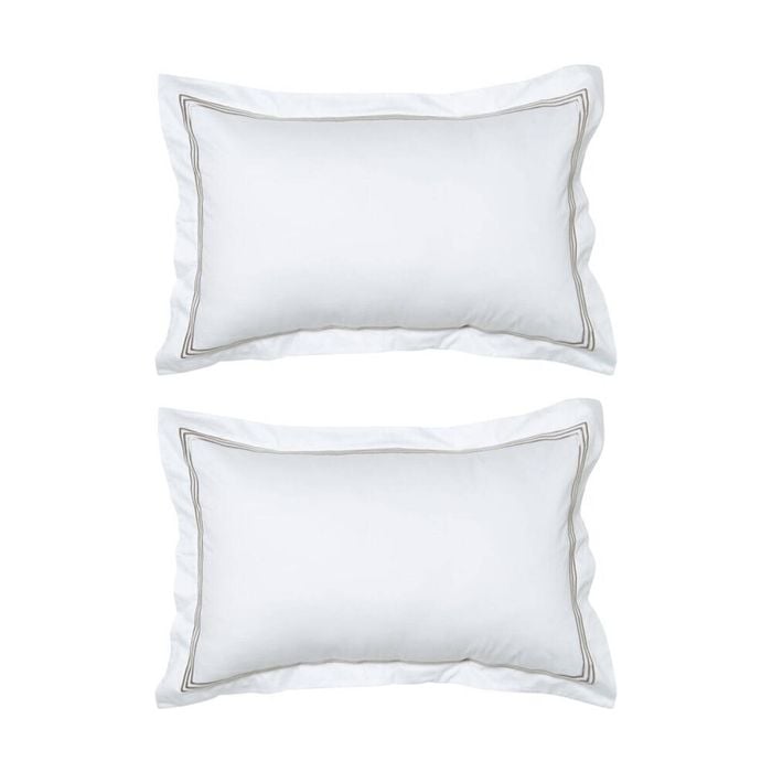 2PK Grosvenor House 500TC Hotel Embroidered Tailored Pillowcase White With Taupe
