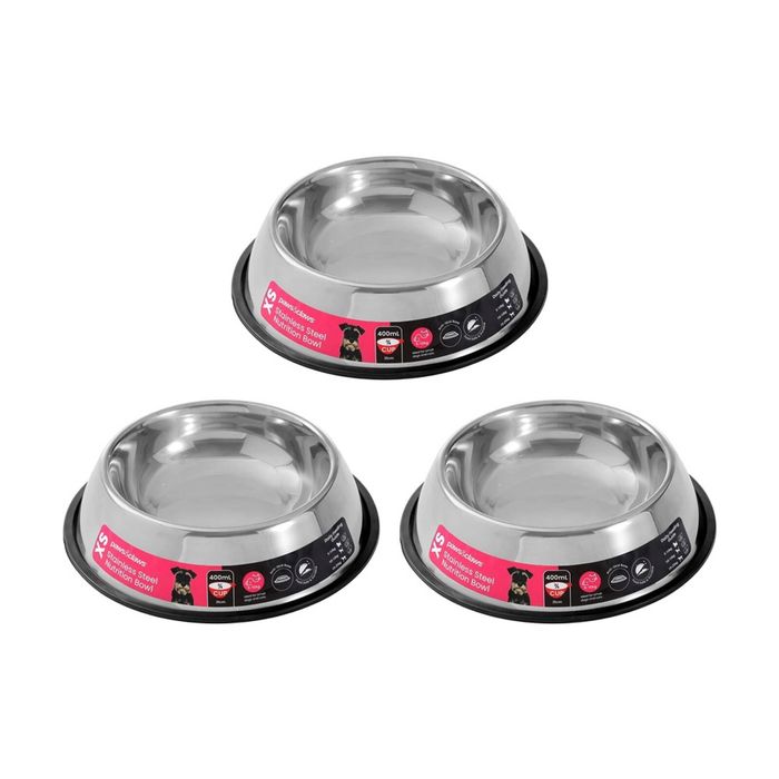 3x Paws And Claws Stainless Steel Pet Cat/Dog Bowl Anti-Skid 450ml Black 21x21x5.5cm