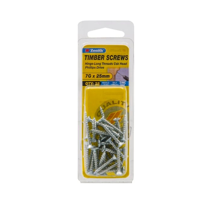 Zenith 7G x 25mm Zinc Plated Hinge-Long Threads Countersunk Head Timber Screws - 35 Pack