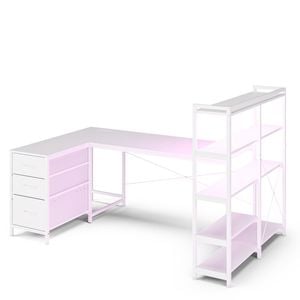 Ufurniture 164cm U Shape LED Gaming Desk with Power Outlets Reversible Corner Computer Table with Drawer & Bookshelf White