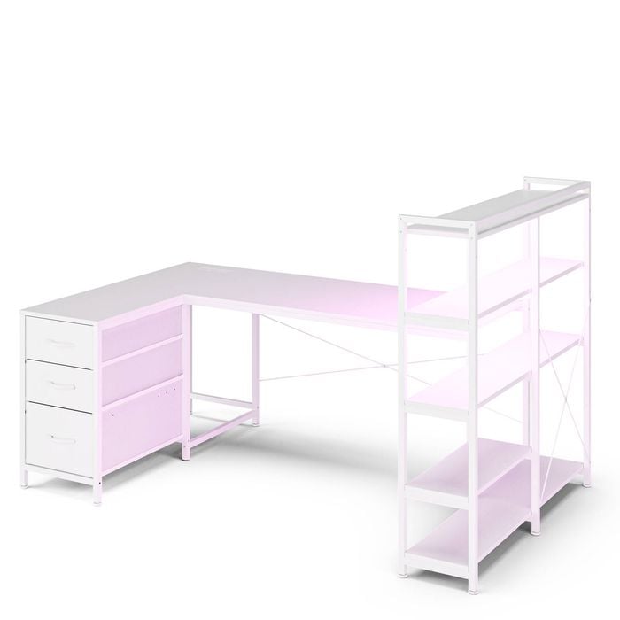 Ufurniture 164cm U Shape LED Gaming Desk with Power Outlets Reversible Corner Computer Table with Drawer & Bookshelf White