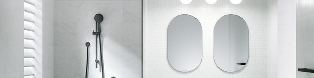 Matte black Methven shower head with light up mirror in bathroom