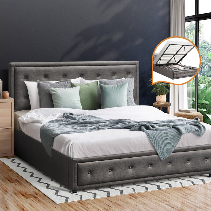 Oikiture Bed Frame Queen Size Gas Lift Grey ENZO