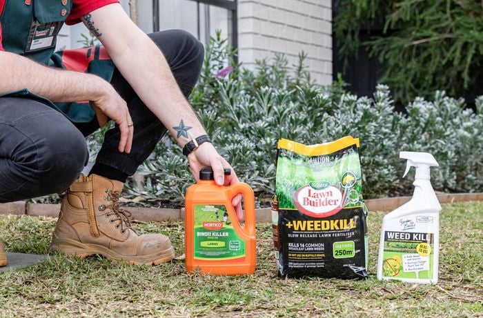 A person kneeling on the grass with three different types of weed killers