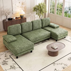 Advwin 280cm 4 Seater Sectional Sofa Chenille Fabric U Shape Couch Modern Sofa Couch with Double Chaise Green