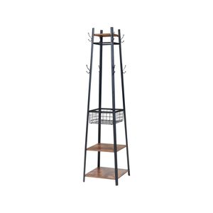 HOMFURN Entryway Coat Rack with Metal Basket and 2 Shelves,Rustic Brown