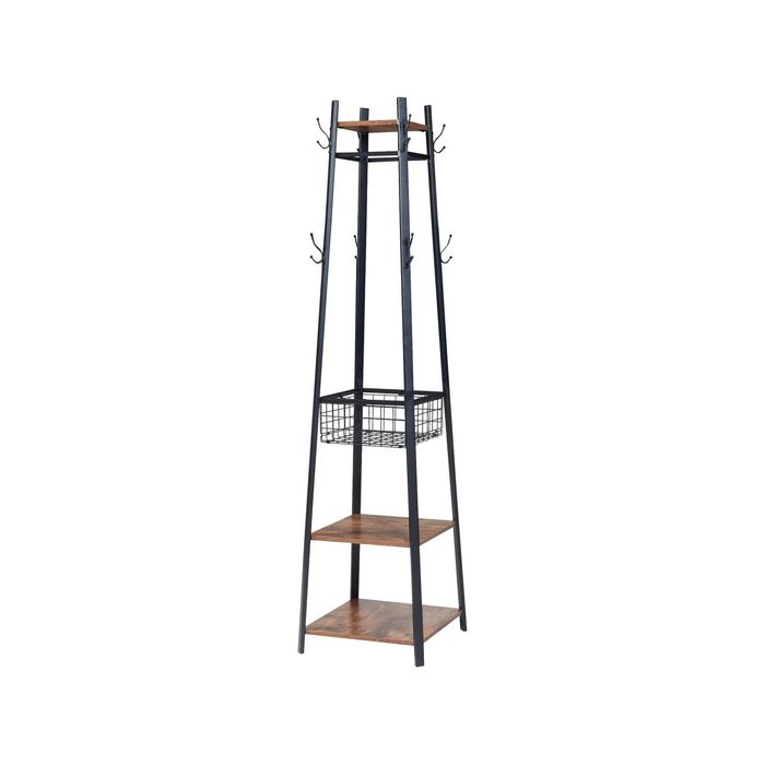 HOMFURN Entryway Coat Rack with Metal Basket and 2 Shelves,Rustic Brown