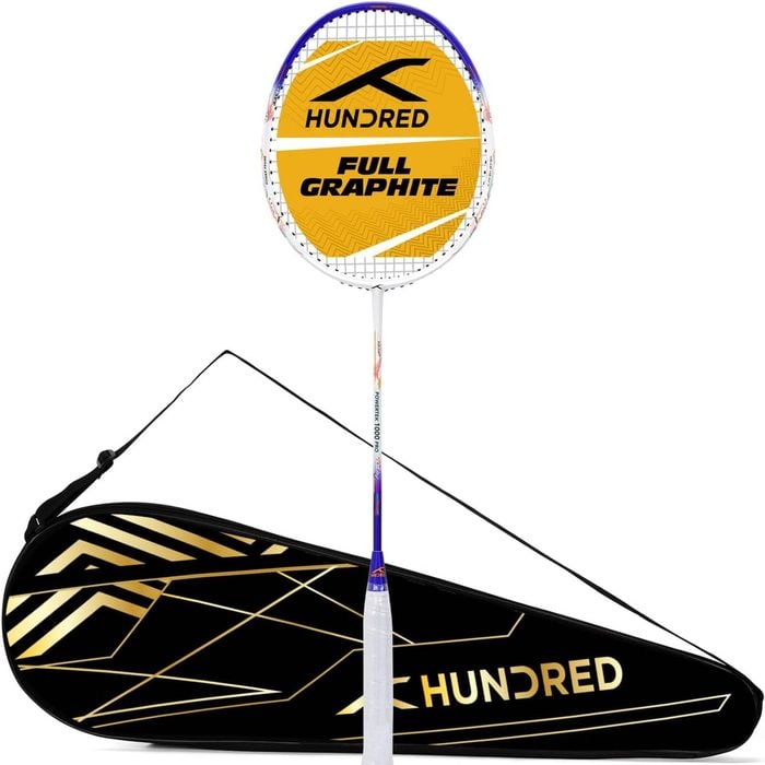 HUNDRED Powertek 1000 PRO Strung Badminton Racket – White/Blue, G6 Grip, Full Cover