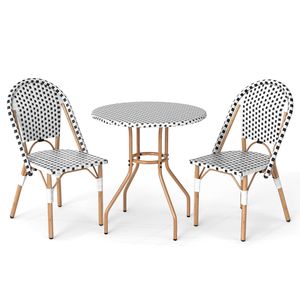 Costway 3PCS Patio Bistro Set Outdoor French Wicker Round Table & 2 Dining Chairs-White