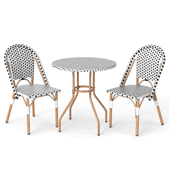 Costway 3PCS Patio Bistro Set Outdoor French Wicker Round Table & 2 Dining Chairs-White