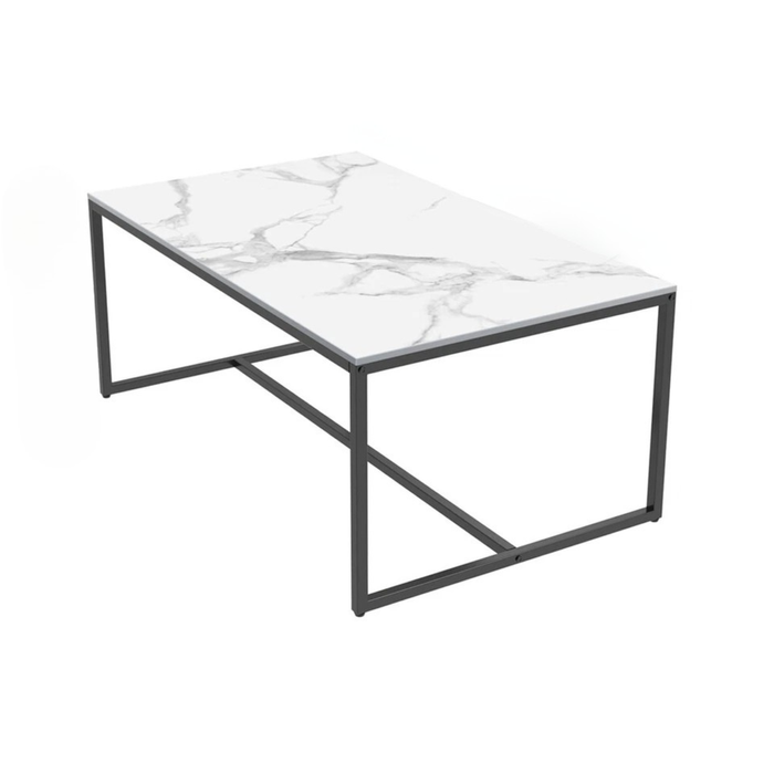 P&P White Sintered Stone Rectangular Marble Coffee Table With Slim Black Metal Frame – Modern Minimalist