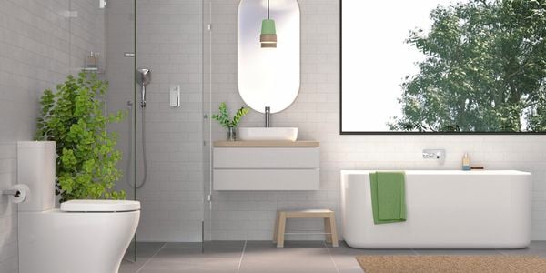 Minimalist bathroom with freestanding bath.