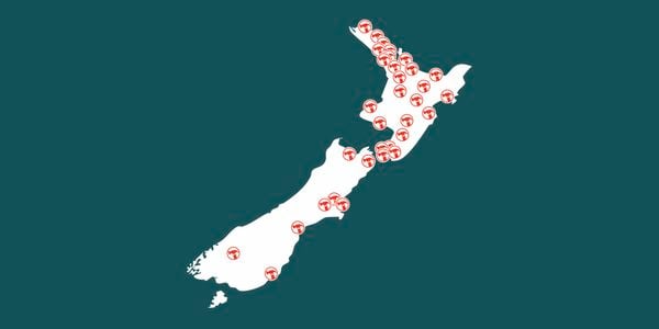 NZ Map with bunnings red logos where the Bunnings stores are located.
