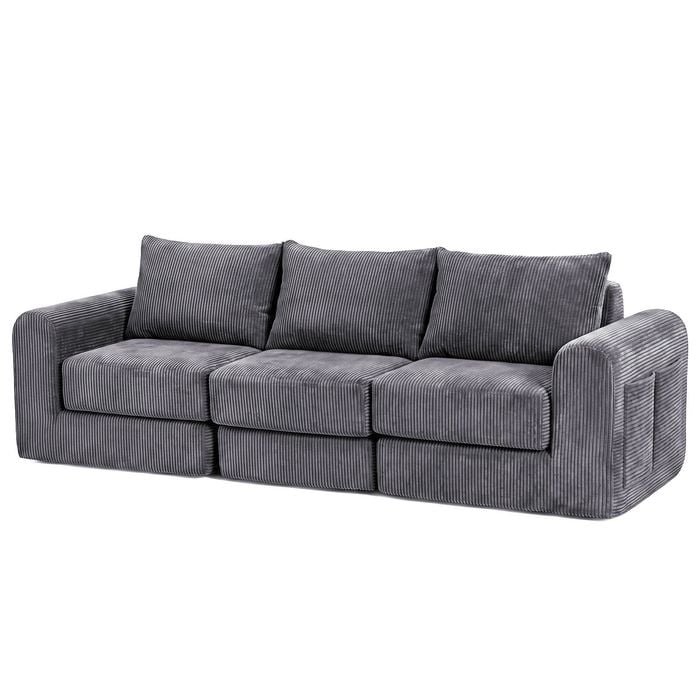 Ufurniture 235cm 3 Seater Sofa Corduroy Modular Compressed Large Couch Recliner No Assembly Grey