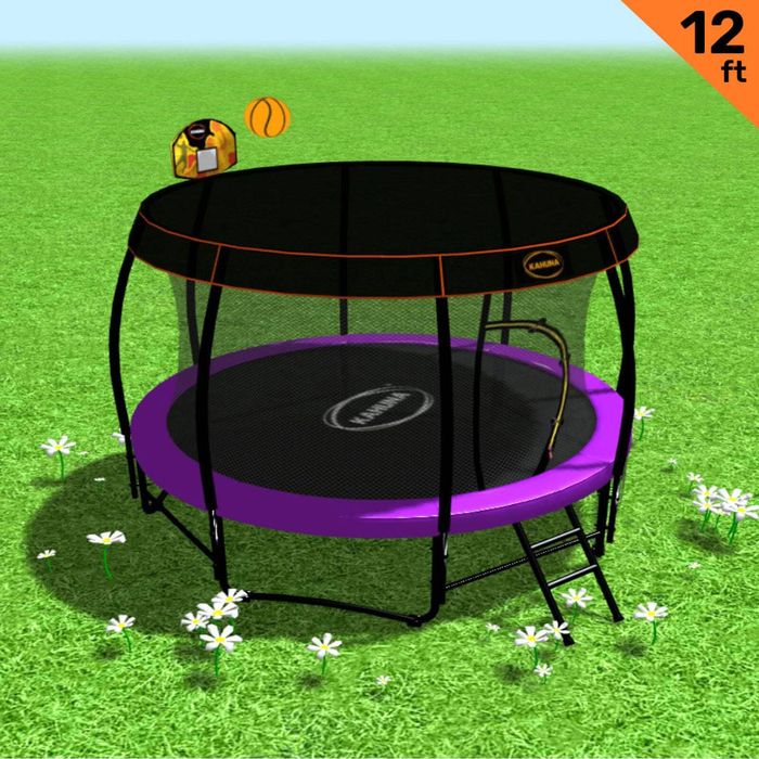 Kahuna Trampoline 12 ft with Basketball Set and Roof - Purple