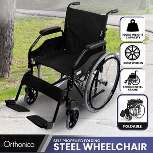 Orthonica 24 Self Propelled Foldable Steel Wheelchair - Portable Travel Adult Mobility Aid, 100kg Capacity, Black