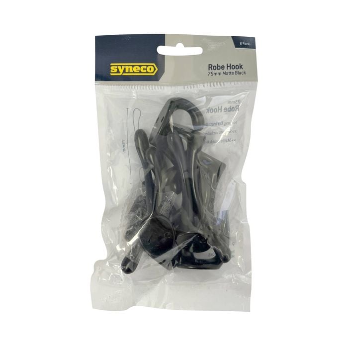 Syneco 75mm Matte Black Robe Hook - 8 Pack