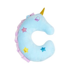 Catzon Cute Unicorn U-Shaped Pillow for Airplane Car Travel-Blue
