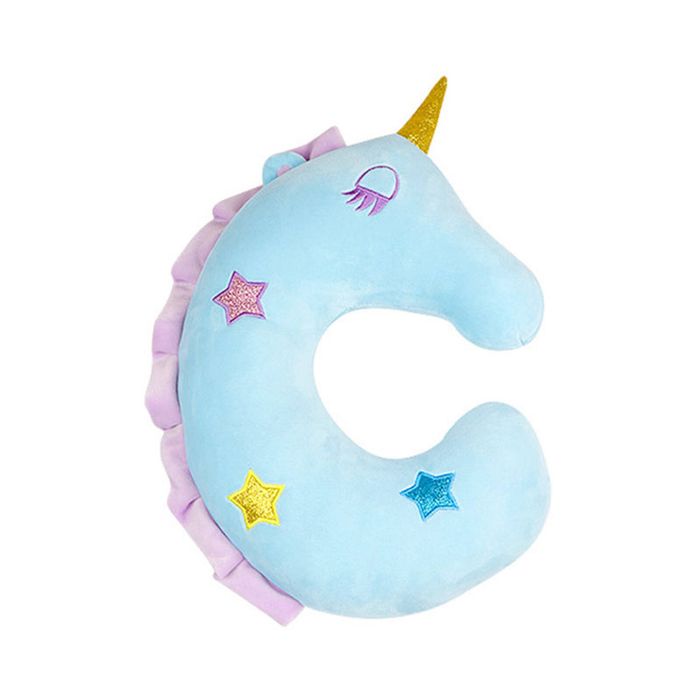 Catzon Cute Unicorn U-Shaped Pillow for Airplane Car Travel-Blue
