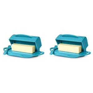 2x Butterie Plastic Flip Top Lid Butter Dish W/ Spreader Aqua 22.9x14cm