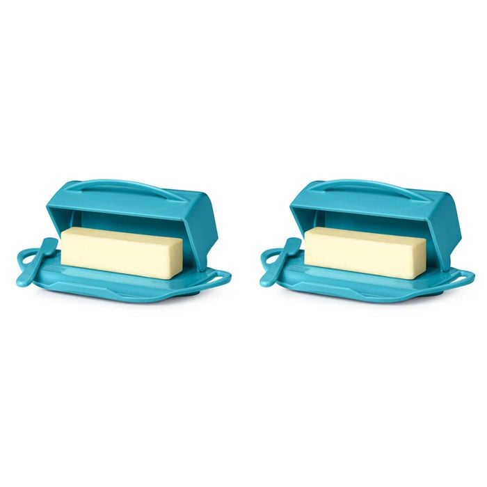 2x Butterie Plastic Flip Top Lid Butter Dish W/ Spreader Aqua 22.9x14cm