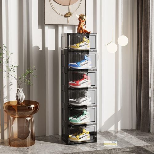 SOGA 6 Tier Black Portable Shoe Organiser with Magnetic Door Bunnings Australia