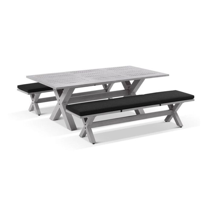 Aged Teak Look Tahitian 2.1m Aluminium Dining Setting With Bench Seats
