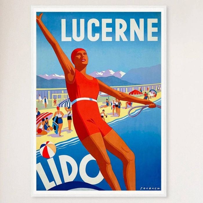Galrie Lucerne Lido Switzerland Vintage Travel Poster Stunning Wall Art for Home & Office, White Frame, 70 x 100cm (28 x 40inch)